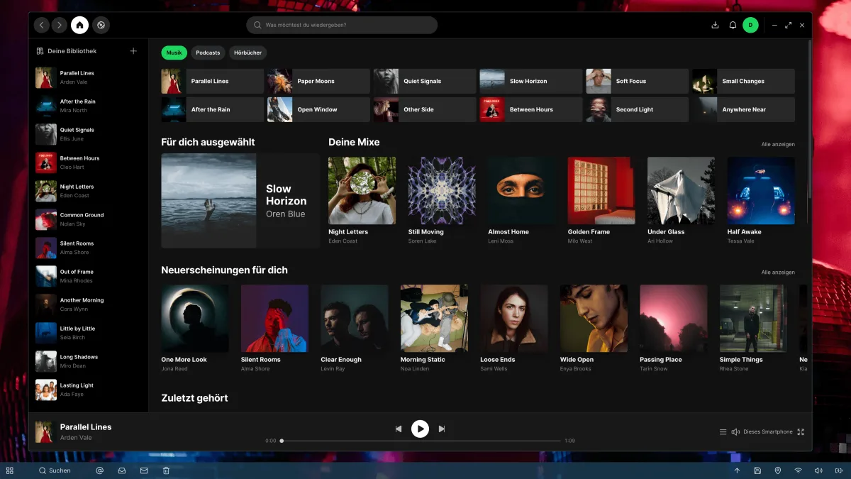 FilmApp desktop scene with a music interface in a complete computer environment